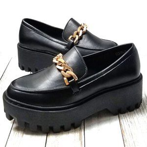 New Black Gold Chain Platform Slip On Penny Loafers